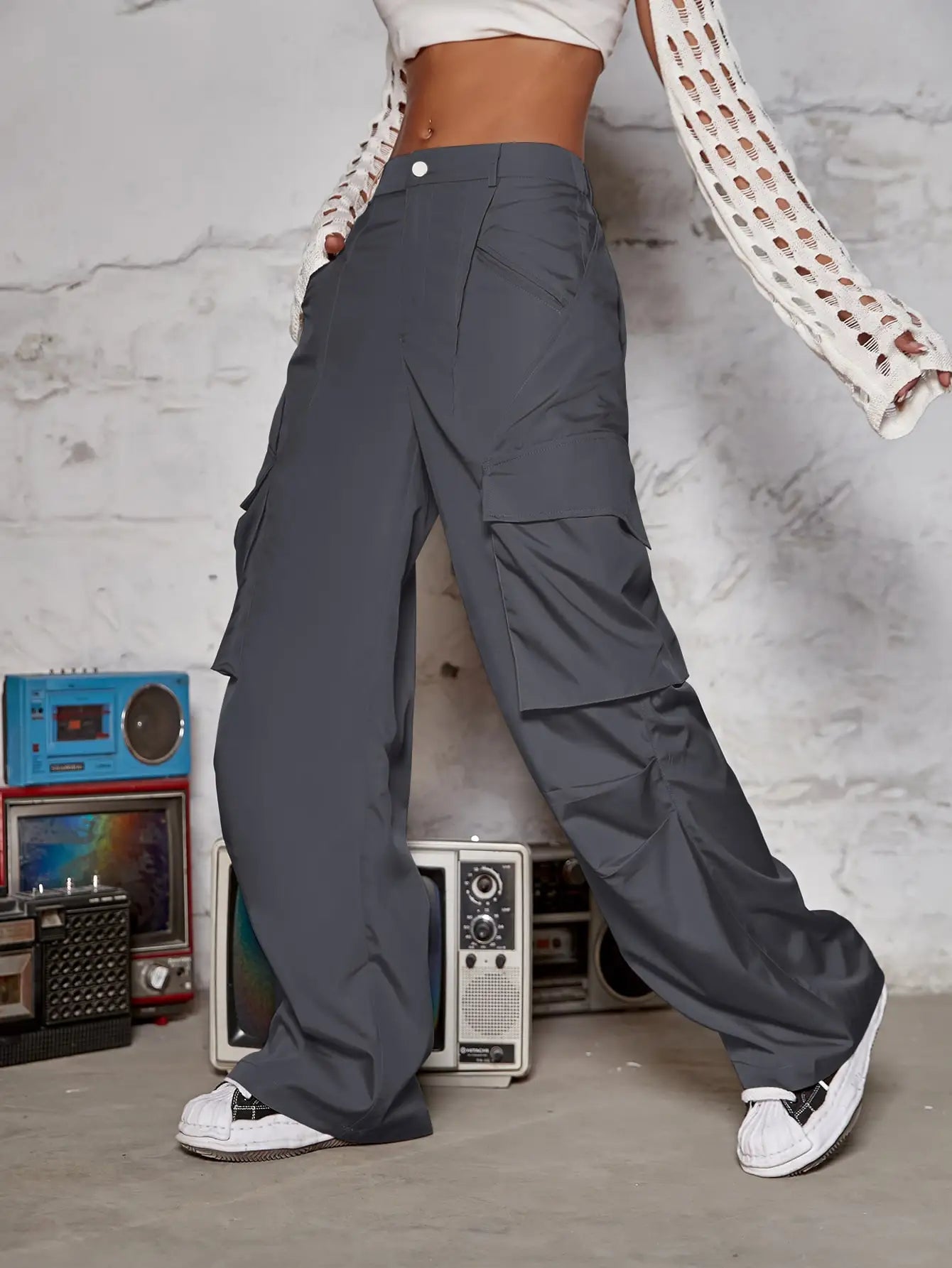 Solid Wide Leg Cargo Pants